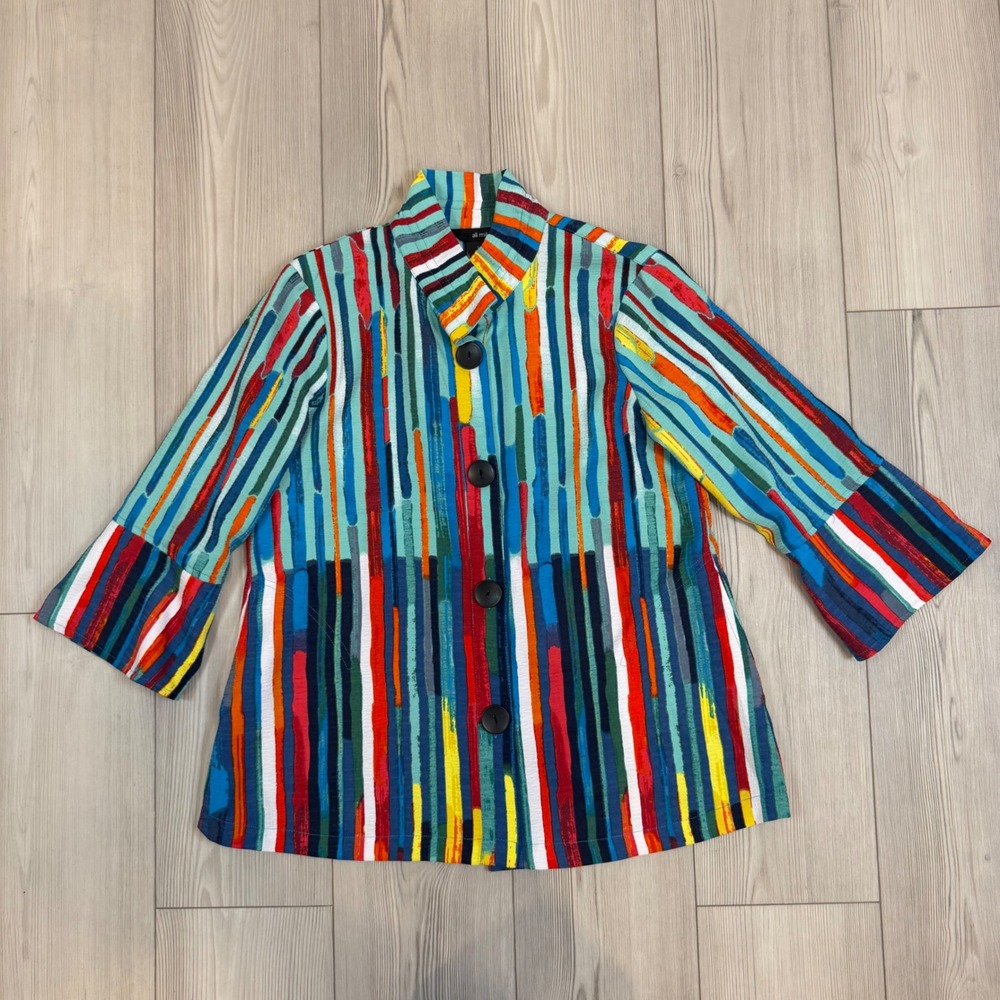Ali Miles Multi-Color Abstract‎ Stripe Button Front Blouse Jacket Small Artsy